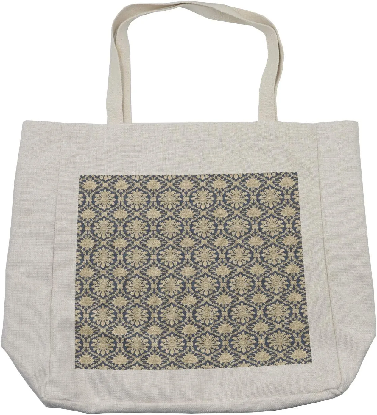 Lunarable Oriental Shopping Bag, Monochrome Floral Elements with Blooming Pattern Chinese Civilization Aspects, Eco-Friendly Reusable Bag for Groceries Beach and More, 15.5" X 14.5", Cream