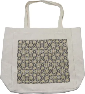 Lunarable Oriental Shopping Bag, Monochrome Floral Elements with Blooming Pattern Chinese Civilization Aspects, Eco-Friendly Reusable Bag for Groceries Beach and More, 15.5" X 14.5", Cream