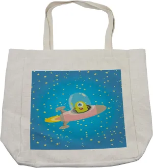 Lunarable Outer Space Shopping Bag, Alien with Circle Saucer in Star Cluster Elliptical Journey Cartoon Print, Eco-Friendly Reusable Bag for Groceries Beach and More, 15.5" X 14.5", Cream