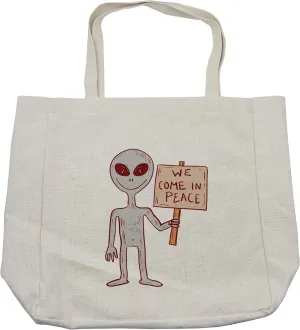 Lunarable Outer Space Shopping Bag, Martian Creature with Peaceful Phrase Solar Revolution on Galaxy Print Image, Eco-Friendly Reusable Bag for Groceries Beach and More, 15.5" X 14.5", Cream