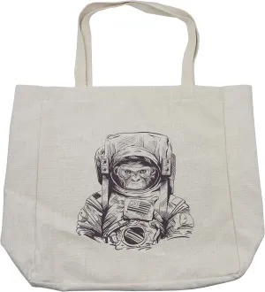 Lunarable Outer Space Shopping Bag, Monkey Vintage American Spacesuit Wild Gorilla Invasion of Ethereal Zone Universe, Eco-Friendly Reusable Bag for Groceries Beach and More, 15.5" X 14.5", Cream