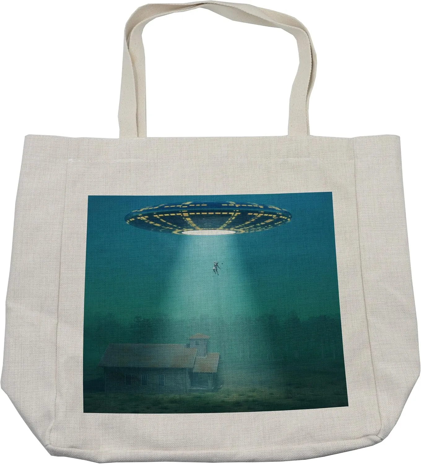 Lunarable Outer Space Shopping Bag, Surreal Image of Visitor Ufo Abduction of Humans in a Field at Foggy Misty Night, Eco-Friendly Reusable Bag for Groceries Beach and More, 15.5" X 14.5", Cream