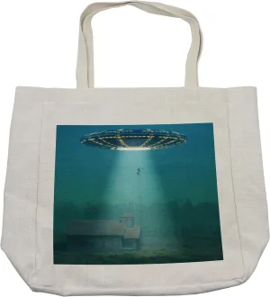Lunarable Outer Space Shopping Bag, Surreal Image of Visitor Ufo Abduction of Humans in a Field at Foggy Misty Night, Eco-Friendly Reusable Bag for Groceries Beach and More, 15.5" X 14.5", Cream