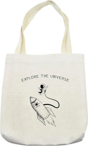 Lunarable Outer Space Tote Bag, Explore the Universe Words with Spaceship and Astronaut in Doodle Style, Cloth Linen Reusable Bag for Shopping Books Beach and More, 16.5" X 14", Black White