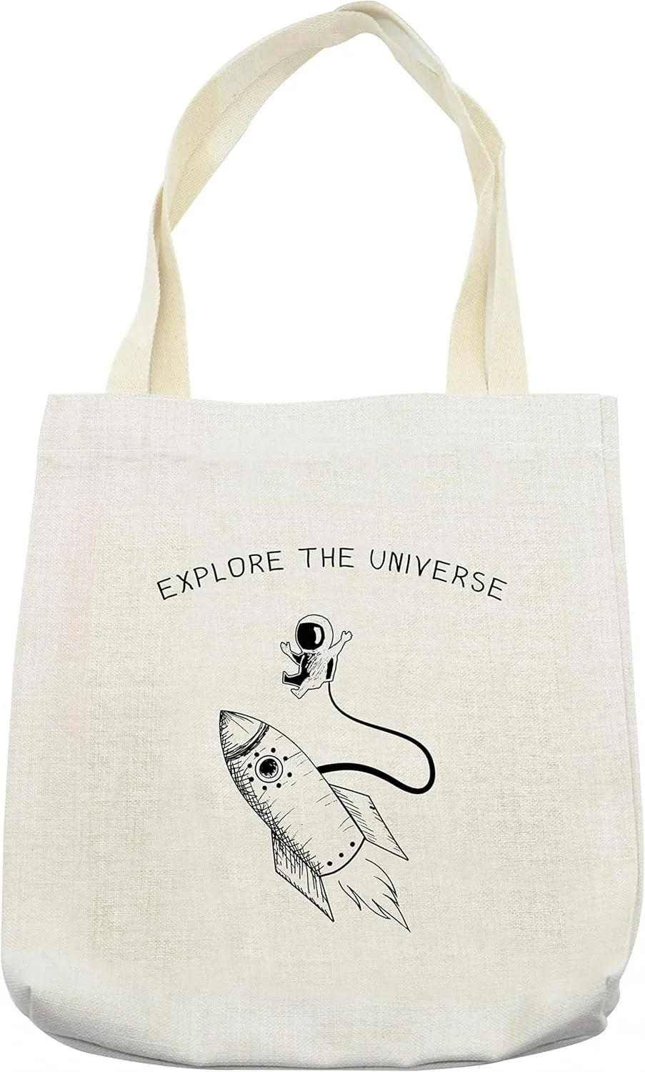 Lunarable Outer Space Tote Bag, Explore the Universe Words with Spaceship and Astronaut in Doodle Style, Cloth Linen Reusable Bag for Shopping Books Beach and More, 16.5" X 14", Black White