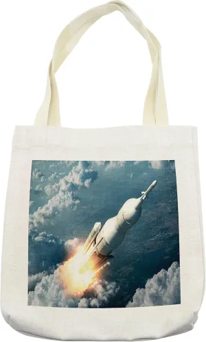 Lunarable Outer Space Tote Bag, Outer Space Launch System Flying over the Clouds Art, Cloth Linen Reusable Bag for Shopping Books Beach and More, 16.5" X 14", Pale Almond Green White