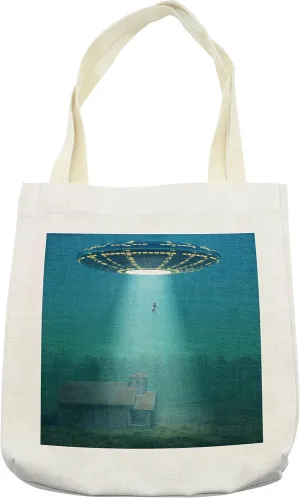 Lunarable Outer Space Tote Bag, Surreal Image of Visitor Ufo Abduction of Humans in a Field at Foggy Misty Night, Cloth Linen Reusable Bag for Shopping Books Beach and More, 16.5" X 14", Cream