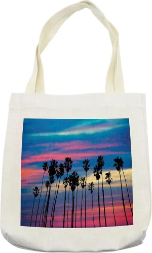 Lunarable Palm Tree Tote Bag, Surreal California Tree Tops Upward View to the Magic Sky in Tones Picture, Cloth Linen Reusable Bag for Shopping Books Beach and More, 16.5" X 14", Blue Pink