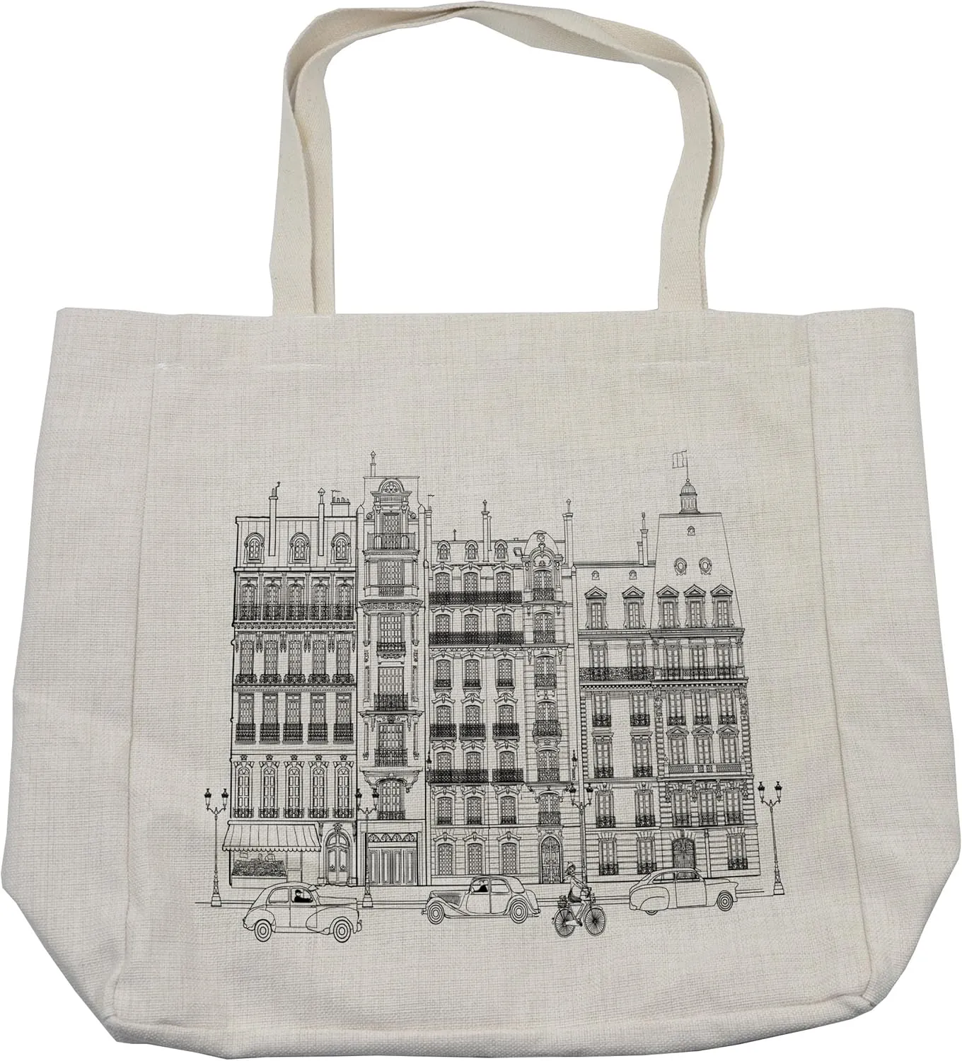 Lunarable Paris Shopping Bag, Illustration of Facades in Paris Cars Bicycle History Travel Monumental Destinations, Eco-Friendly Reusable Bag for Groceries Beach and More, 15.5" X 14.5", Cream