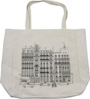 Lunarable Paris Shopping Bag, Illustration of Facades in Paris Cars Bicycle History Travel Monumental Destinations, Eco-Friendly Reusable Bag for Groceries Beach and More, 15.5" X 14.5", Cream