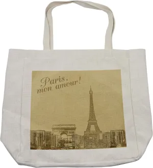 Lunarable Paris Shopping Bag, Retro Scenery of Paris with Vintage Colors Eiffel Tower Love City Classic, Sturdy & Reusable Causal Bag for Groceries Beach and More, 15.5" x 14.5", Green Brown