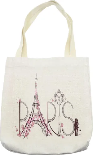 Lunarable Paris Tote Bag, Tower Eiffel Lettering Couple Trip Flowers Floral Design European Print, Cloth Linen Reusable Bag for Shopping Books Beach and More, 16.5" X 14", Pink Plum