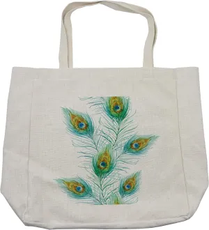 Lunarable Peacock Shopping Bag, Eye Spotted Offspring Peacock Tail Coverts Plumage Art Print, Eco-Friendly Reusable Bag for Groceries Beach and More, 15.5" X 14.5", Cream