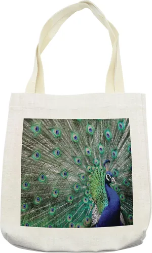 Lunarable Peacock Tote Bag, Peacock Displaying Elongated Majestic Feathers Open Wings Picture, Cloth Linen Reusable Bag for Shopping Books Beach and More, 16.5" X 14", Cream