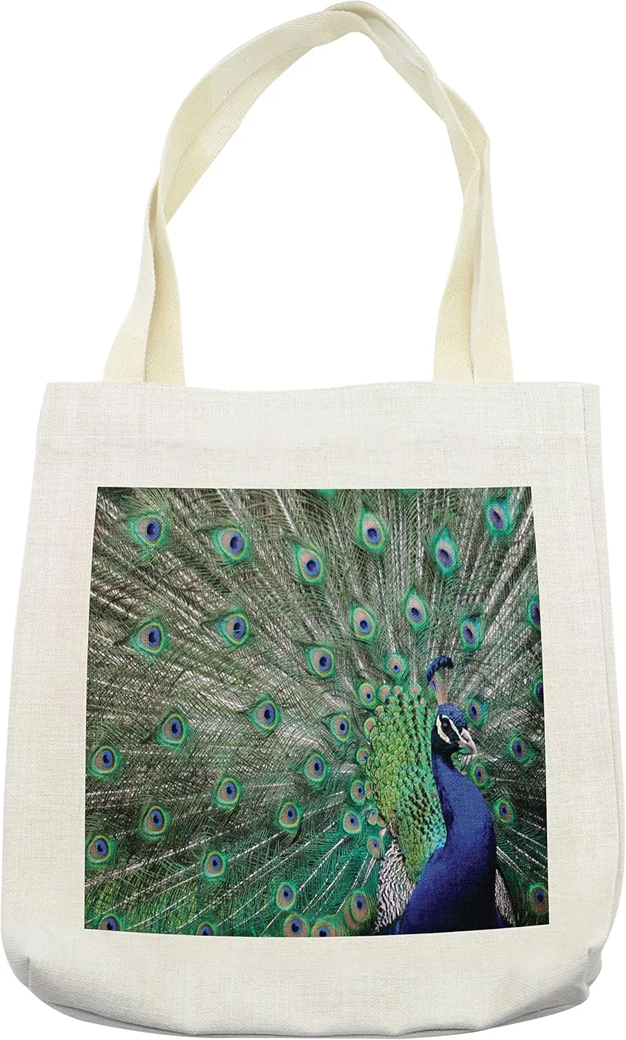Lunarable Peacock Tote Bag, Peacock Displaying Elongated Majestic Feathers Open Wings Picture, Cloth Linen Reusable Bag for Shopping Books Beach and More, 16.5" X 14", Cream