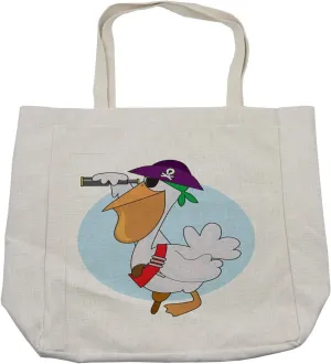 Lunarable Pelican Shopping Bag, Cartoon Illustration of a Pirate Pelican with Peg Leg Looking Through a Telescope, Eco-Friendly Reusable Bag for Groceries Beach and More, 15.5" X 14.5", Cream