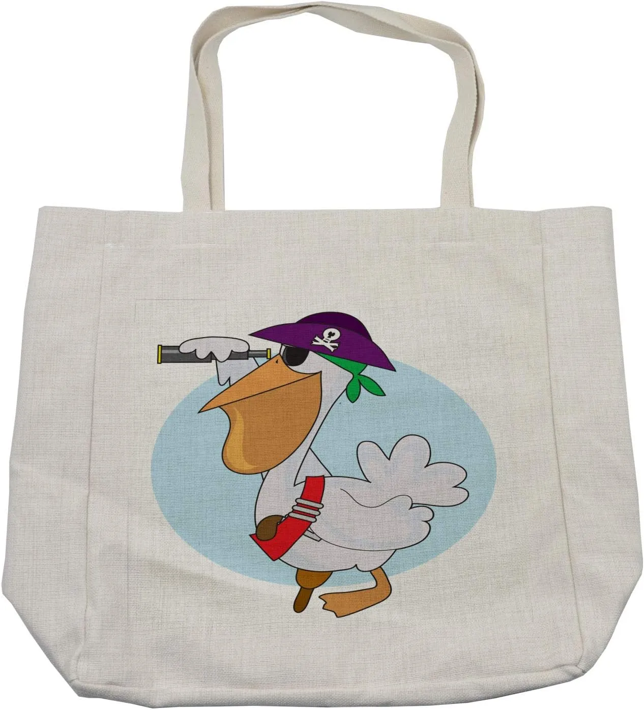 Lunarable Pelican Shopping Bag, Cartoon Illustration of a Pirate Pelican with Peg Leg Looking Through a Telescope, Eco-Friendly Reusable Bag for Groceries Beach and More, 15.5" X 14.5", Cream