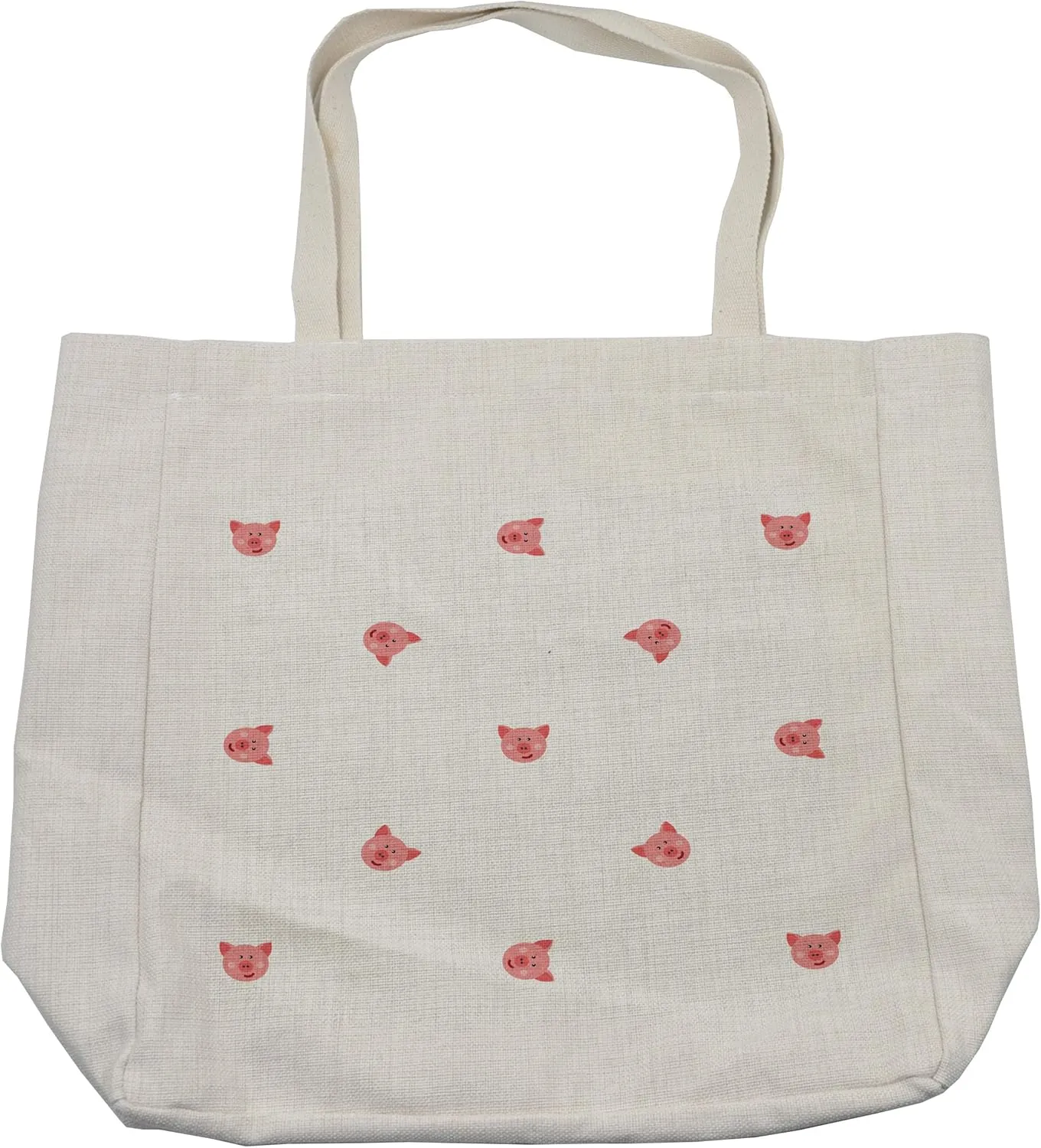 Lunarable Pig Shopping Bag, Pigs Cartoon Style Happy Hayfield Homestead Nature Happiness Symmetrical, Eco-Friendly Reusable Bag for Groceries Beach and More, 15.5" X 14.5", Cream