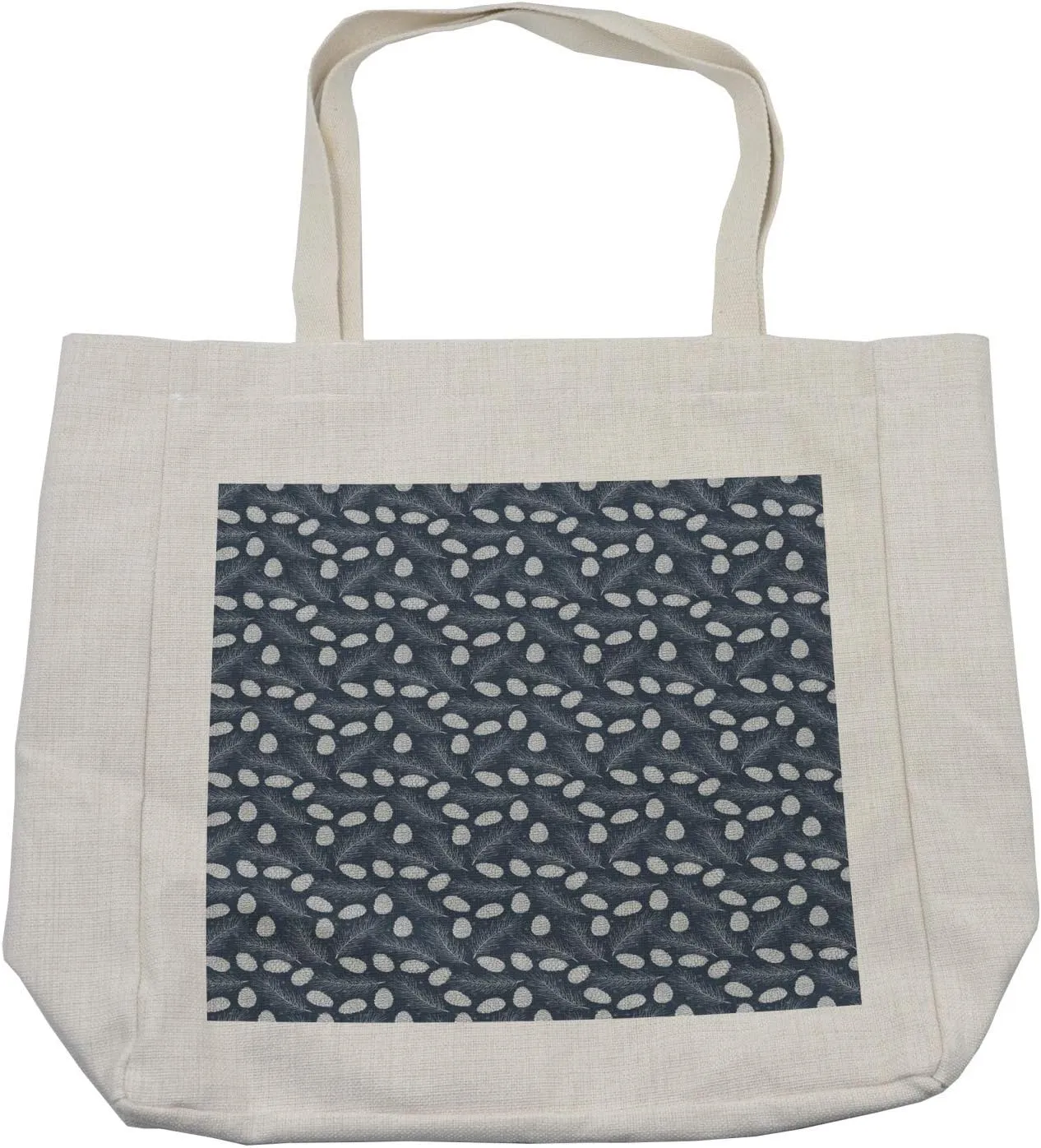 Lunarable Pine Cone Shopping Bag, Continuous Pattern of Cedar Branches and Needles with Snowflakes, Eco-Friendly Reusable Bag for Groceries Beach and More, 15.5" X 14.5", Dark Blue Grey White