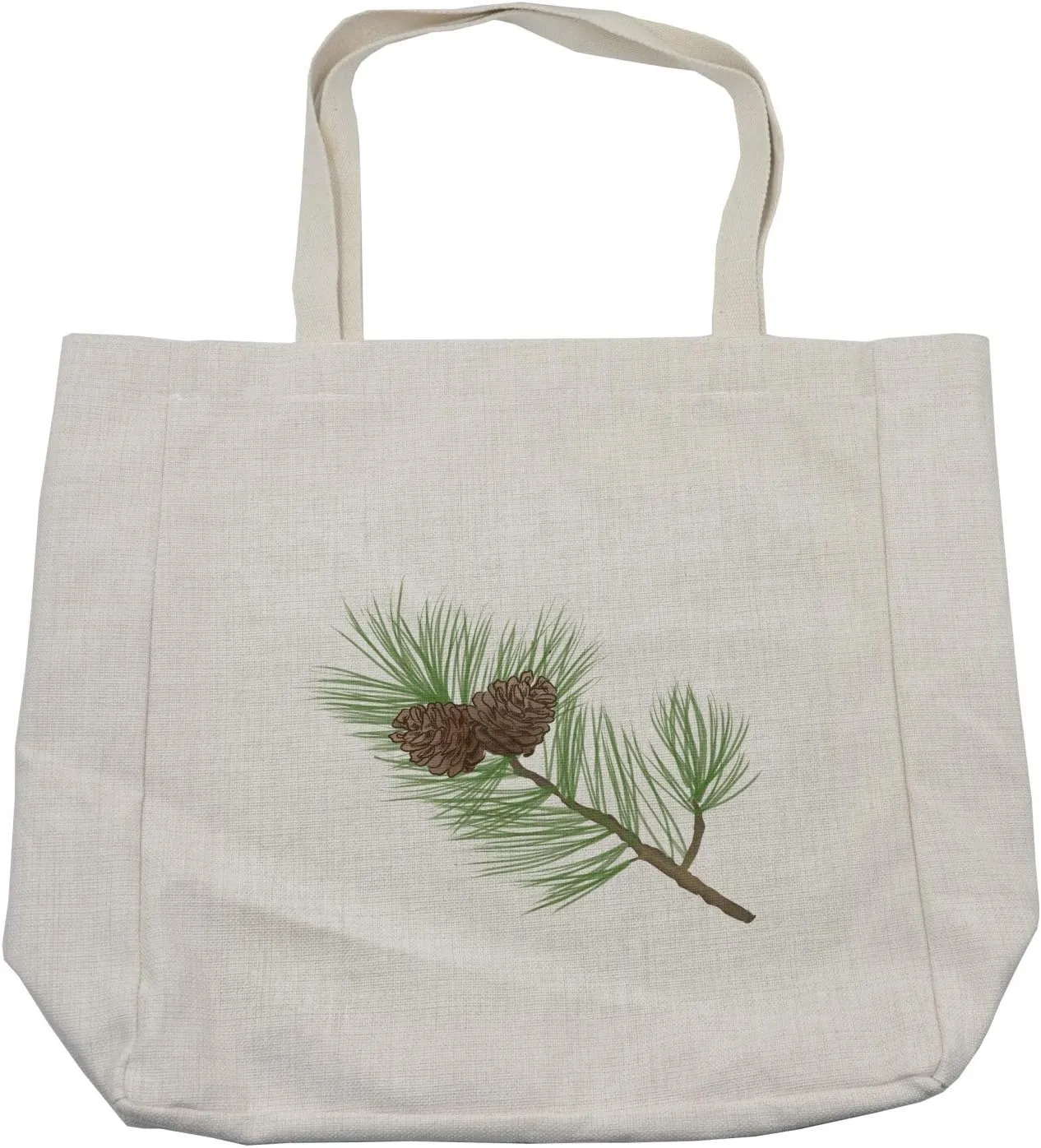Lunarable Pinecone Shopping Bag, Prickle Pointy Leaves of a Larch Tree Stems Lonely Branch in the Autumn Season, Eco-Friendly Reusable Bag for Groceries Beach and More, 15.5" X 14.5", Cream