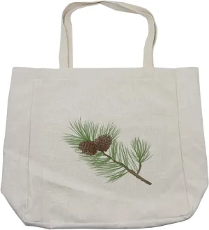 Lunarable Pinecone Shopping Bag, Prickle Pointy Leaves of a Larch Tree Stems Lonely Branch in the Autumn Season, Eco-Friendly Reusable Bag for Groceries Beach and More, 15.5" X 14.5", Cream