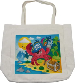 Lunarable Pirate Shopping Bag, Cartoon Crab with Eye Patch Pirate Hat Hook Pegleg Deserted Island Coast Jungle, Eco-Friendly Reusable Bag for Groceries Beach and More, 15.5" X 14.5", Cream