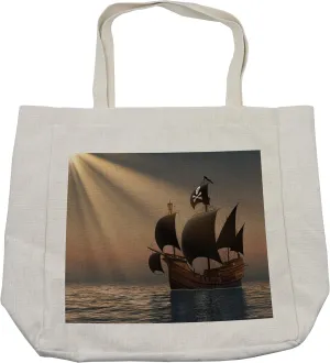 Lunarable Pirate Shopping Bag, Ship with Black Flags Floating on Ocean in Rays of Sun Caravel Watercraft Nautical, Eco-Friendly Reusable Bag for Groceries Beach and More, 15.5" X 14.5", Cream