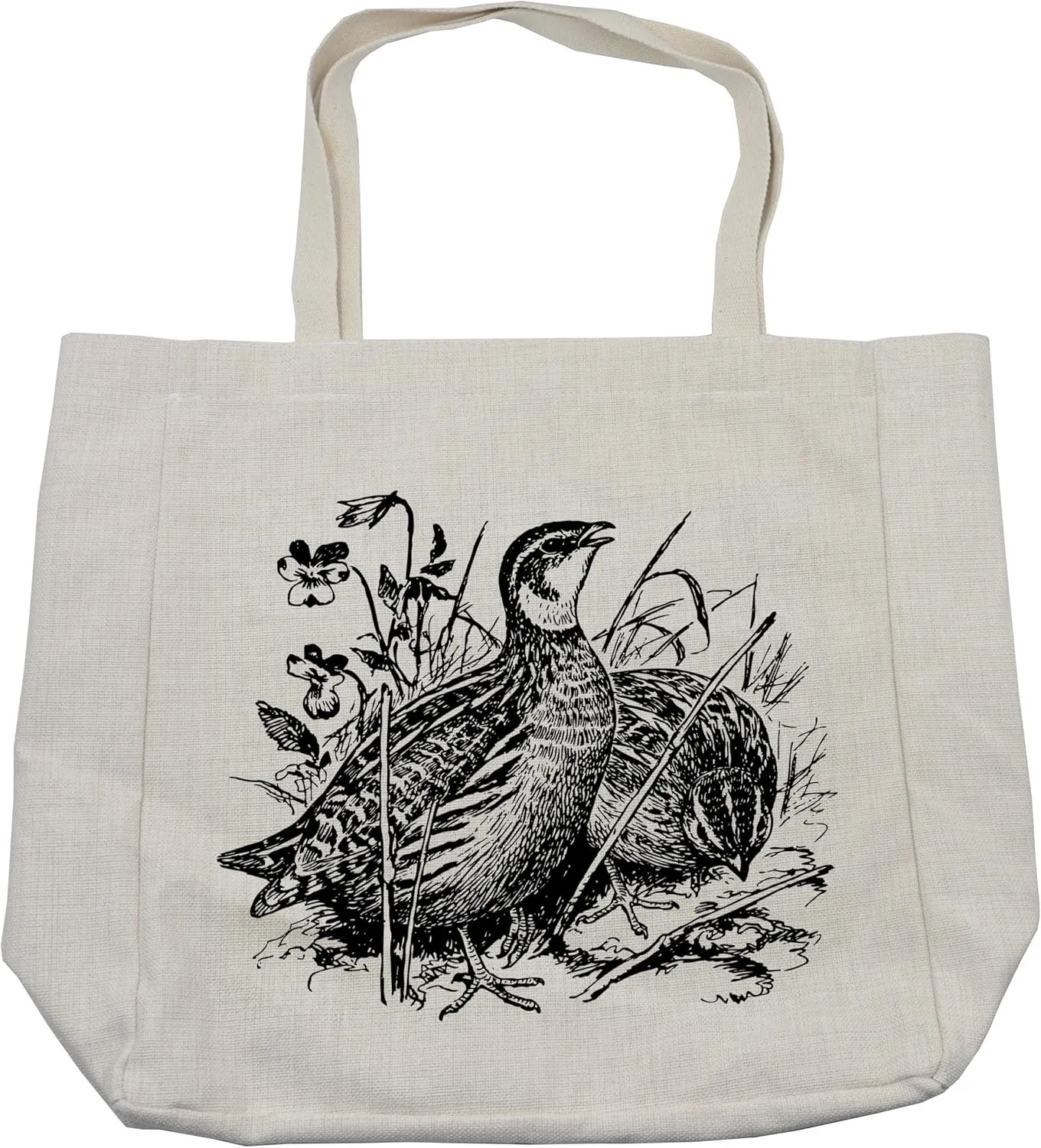 Lunarable Quail Shopping Bag, Common Birds Sketchy Wildlife Meadow Flowers Grass Ecology Fauna Drawing Design, Eco-Friendly Reusable Bag for Groceries Beach and More, 15.5" X 14.5", Black and White