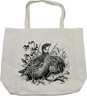 Lunarable Quail Shopping Bag, Common Birds Sketchy Wildlife Meadow Flowers Grass Ecology Fauna Drawing Design, Eco-Friendly Reusable Bag for Groceries Beach and More, 15.5" X 14.5", Black and White