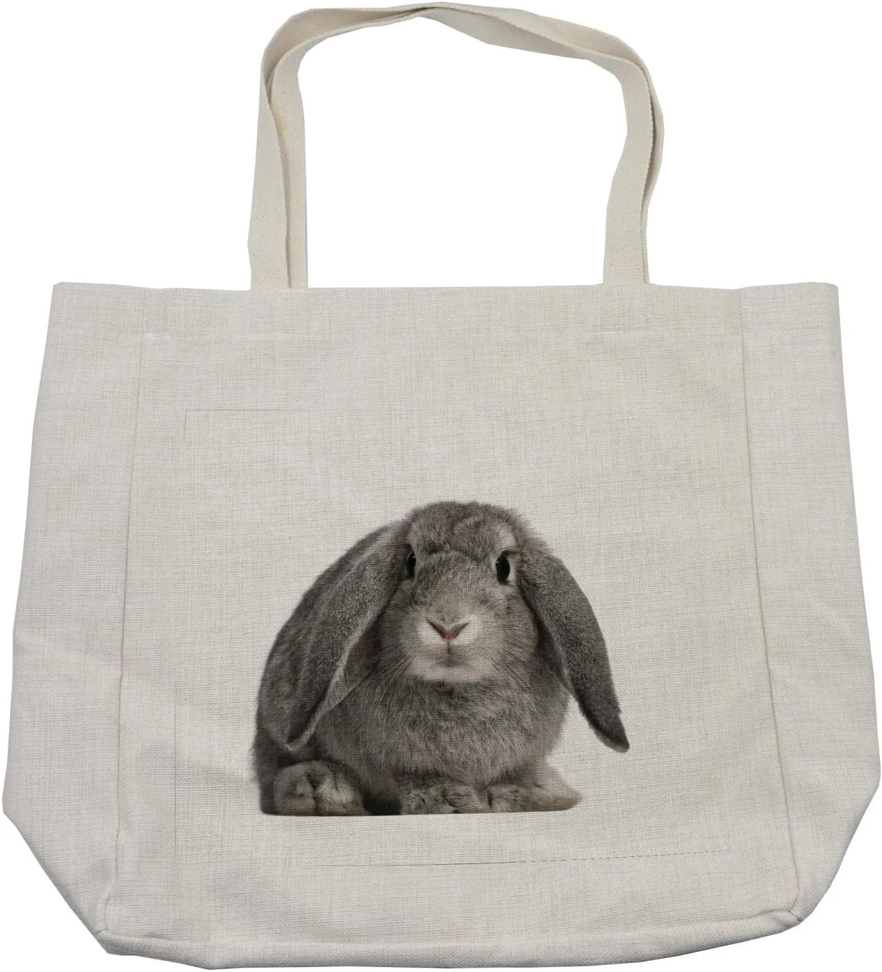 Lunarable Rabbit Shopping Bag, Lop Rabbit Portrait Oryctolagus Cuniculus in Sitting Position White Background, Eco-Friendly Reusable Bag for Groceries Beach and More, 15.5" X 14.5", Cream