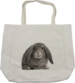 Lunarable Rabbit Shopping Bag, Lop Rabbit Portrait Oryctolagus Cuniculus in Sitting Position White Background, Eco-Friendly Reusable Bag for Groceries Beach and More, 15.5" X 14.5", Cream