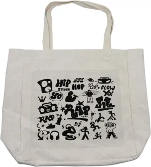 Lunarable Rap Shopping Bag, Arrangement of Rap Culture Doodles Street Performers Words Genre Specific, Eco-Friendly Reusable Bag for Groceries Beach and More, 15.5" X 14.5", Cream