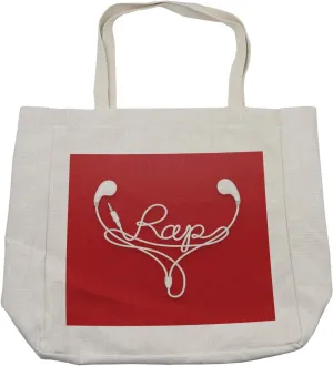 Lunarable Rap Shopping Bag, Earbud Earphones with White Cables Forming the Rap Word Music Genre Technology, Eco-Friendly Reusable Bag for Groceries Beach and More, 15.5" X 14.5", Cream