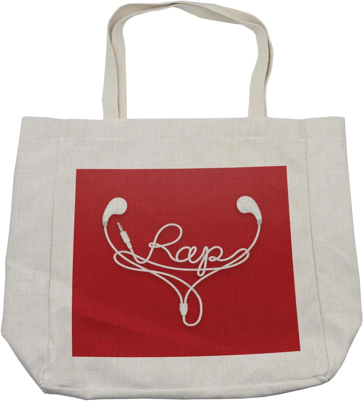 Lunarable Rap Shopping Bag, Earbud Earphones with White Cables Forming the Rap Word Music Genre Technology, Eco-Friendly Reusable Bag for Groceries Beach and More, 15.5" X 14.5", Cream