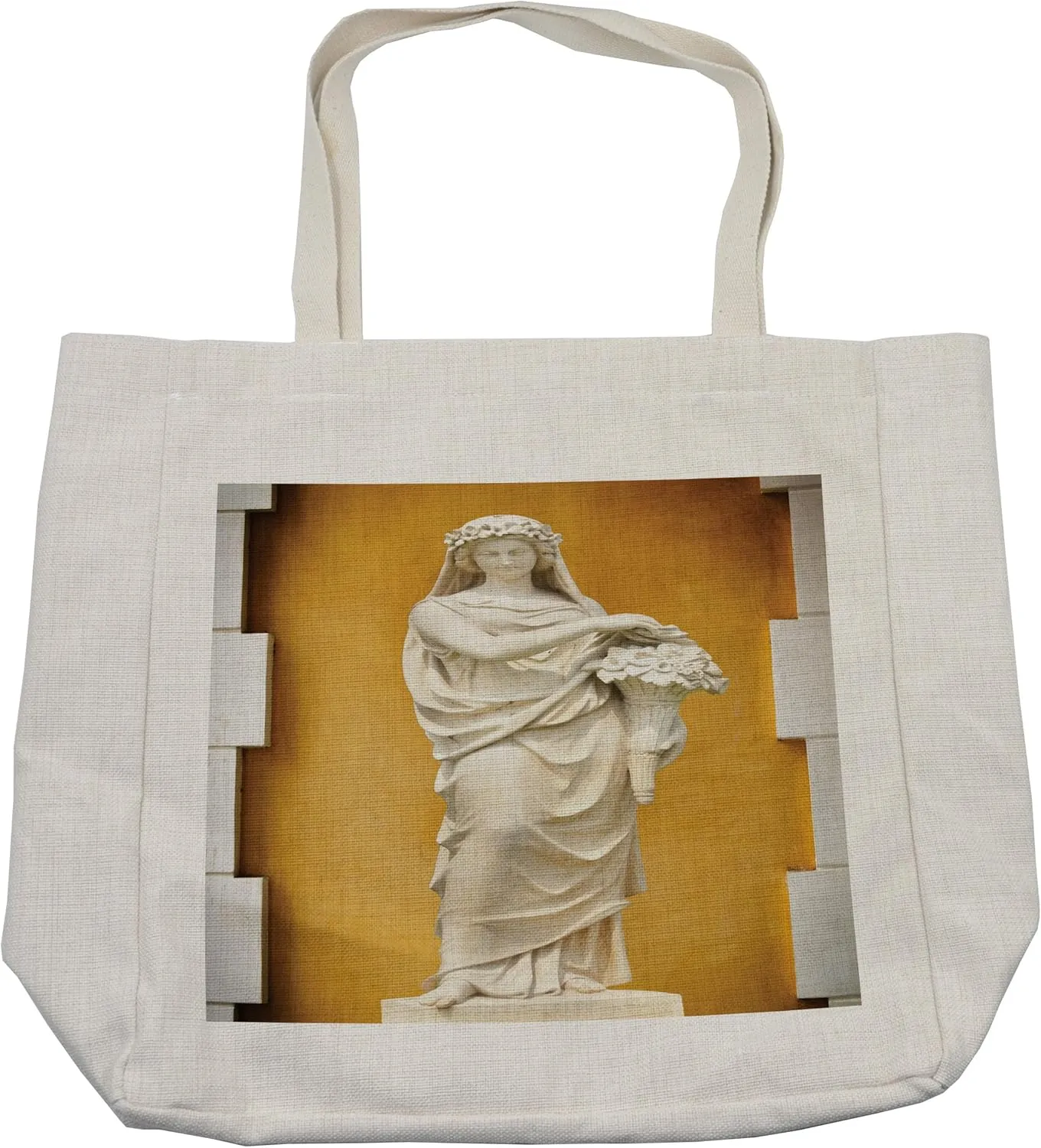 Lunarable Retro Shopping Bag, Greece and Rome Women with Flower Bouquet Roman Civilization, Eco-Friendly Reusable Bag for Groceries Beach and More, 15.5" X 14.5", Cream