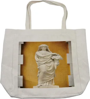 Lunarable Retro Shopping Bag, Greece and Rome Women with Flower Bouquet Roman Civilization, Eco-Friendly Reusable Bag for Groceries Beach and More, 15.5" X 14.5", Cream