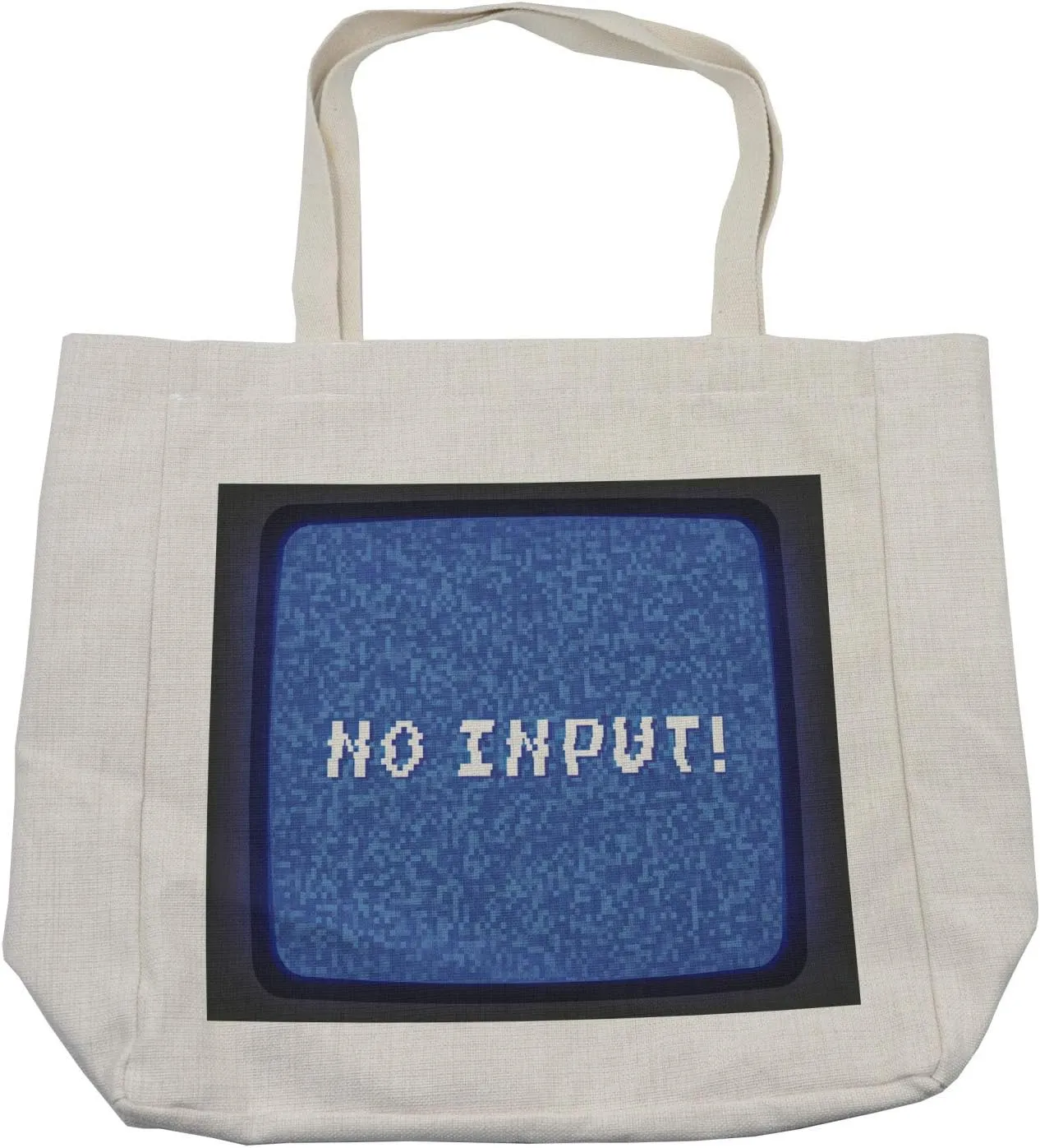Lunarable Retro Shopping Bag, Screen of a Videotape with Flickering Effect and No Input Phrase Print, Eco-Friendly Reusable Bag for Groceries Beach and More, 15.5" X 14.5", Charcoal Grey Blue White