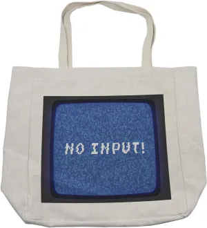 Lunarable Retro Shopping Bag, Screen of a Videotape with Flickering Effect and No Input Phrase Print, Eco-Friendly Reusable Bag for Groceries Beach and More, 15.5" X 14.5", Charcoal Grey Blue White