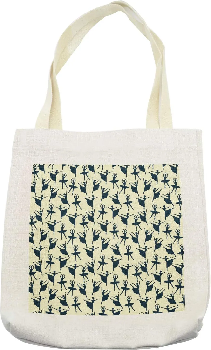 Lunarable Retro Tote Bag, Silhouettes of Dancing Ballerina Ladies Performing a Ballet Show Theme, Cloth Linen Reusable Bag for Shopping Books Beach and More, 16.5" X 14", Cream