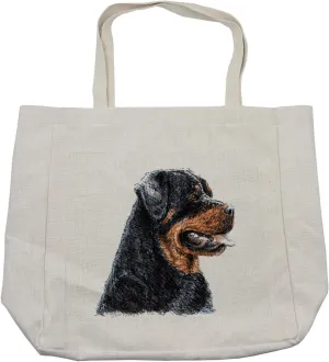 Lunarable Rottweiler Shopping Bag, Hand Drawn Dog Portrait Sketch Style Puppy German Loyal Friend Mammal Pattern, Eco-Friendly Reusable Bag for Groceries Beach and More, 15.5" X 14.5", Cream