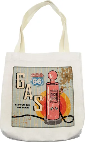 Lunarable Route 66 Tote Bag, Grunge Retro Gas Station Sign Fuel Vintage Destinations Poster Old Graphic, Cloth Linen Reusable Bag for Shopping Books Beach and More, 16.5" X 14", Cream