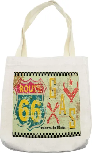 Lunarable Route 66 Tote Bag, Highway Road Gas Station Fuel Signs Grunge American Dreamers Texas Classic Design, Cloth Linen Reusable Bag for Shopping Books Beach and More, 16.5" X 14", Cream