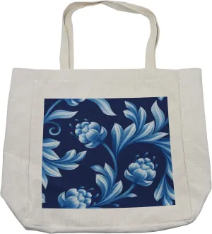 Lunarable Royal Blue Shopping Bag, Blossoms in Pastel Toned Colors Folkloric Art Floral Flourish Design, Eco-Friendly Reusable Bag for Groceries Beach and More, 15.5" X 14.5", Cream