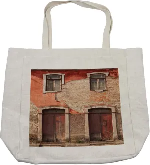 Lunarable Rustic Shopping Bag, Abandoned Facade with Wood Windows and Doors in Portugal with Damaged Rusty Look, Eco-Friendly Reusable Bag for Groceries Beach and More, 15.5" X 14.5", Cream