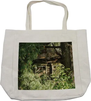 Lunarable Rustic Shopping Bag, Abandoned Oak Cottage in Bushes Ferns Wood Land Camouflage of Nature Theme, Eco-Friendly Reusable Bag for Groceries Beach and More, 15.5" X 14.5", Cream