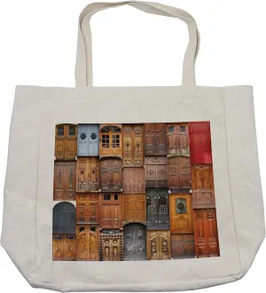 Lunarable Rustic Shopping Bag, Doors from Valencia Spain Daylight Mediterranean Residence Entering Old City, Eco-Friendly Reusable Bag for Groceries Beach and More, 15.5" X 14.5", Cream