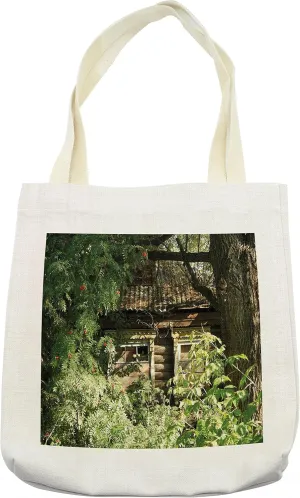 Lunarable Rustic Tote Bag, Abandoned Oak Cottage in Bushes Ferns Wood Land Camouflage of Nature Theme, Cloth Linen Reusable Bag for Shopping Books Beach and More, 16.5" X 14", Cream