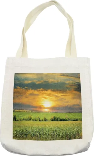 Lunarable Rustic Tote Bag, Corn Field and Sunrise Summer Sky Natural Paradise Pasture Mourning View Picture, Cloth Linen Reusable Bag for Shopping Books Beach and More, 16.5" X 14", Cream