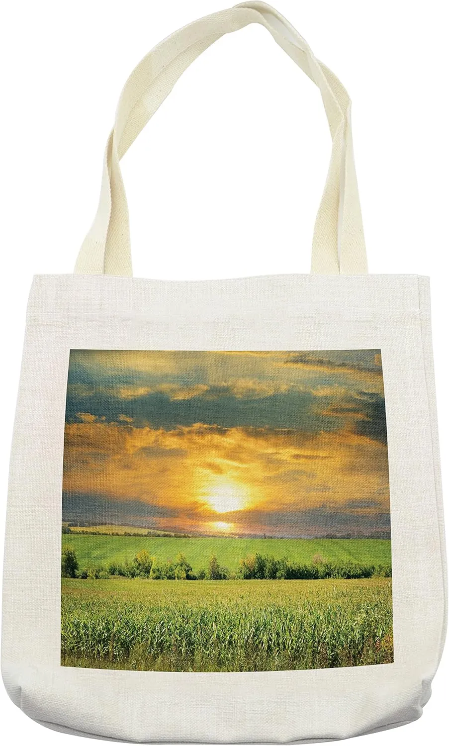 Lunarable Rustic Tote Bag, Corn Field and Sunrise Summer Sky Natural Paradise Pasture Mourning View Picture, Cloth Linen Reusable Bag for Shopping Books Beach and More, 16.5" X 14", Cream