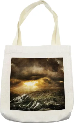 Lunarable Rustic Tote Bag, Wilderness Rugged Nature Dramatic Clouds Wild Adventurous Travel Destinations, Cloth Linen Reusable Bag for Shopping Books Beach and More, 16.5" X 14", Cream